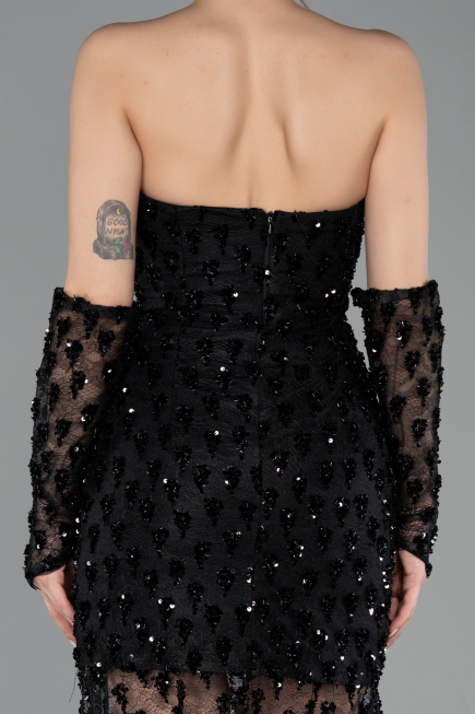 Abendkleid im Meerjungfrau-Stil Kurz Schuppig Schwarz ABK2581