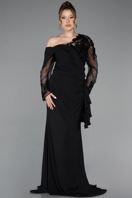 Kleider in Großen Größen Lang Chiffon Schwarz ABU5895