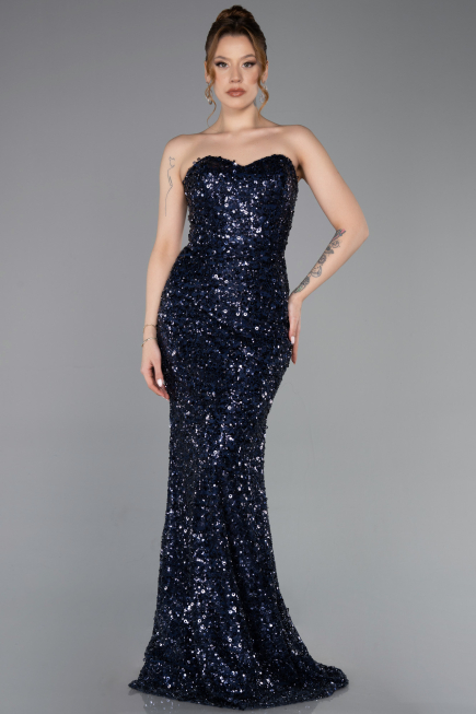 Abendkleid im Meerjungfrau-Stil Lang Schuppig Marineblau ABU5927