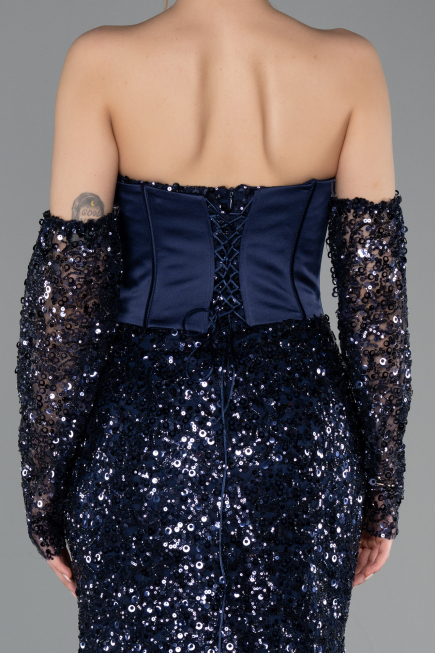 Abendkleid im Meerjungfrau-Stil Lang Schuppig Marineblau ABU5927