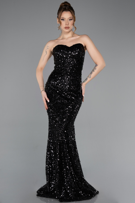 Abendkleid im Meerjungfrau-Stil Lang Schuppig Schwarz ABU5927