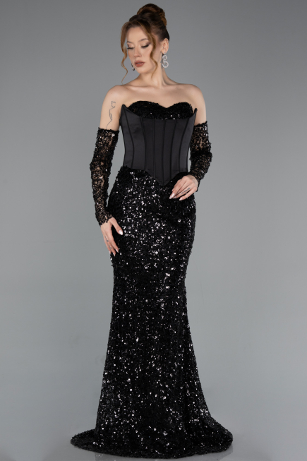 Abendkleid im Meerjungfrau-Stil Lang Schuppig Schwarz ABU5927