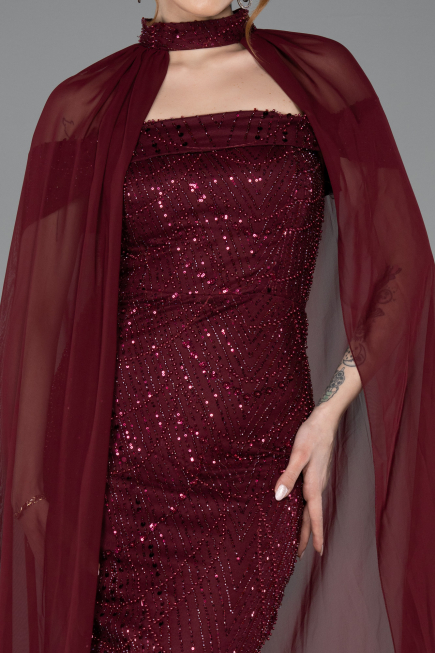 Abendkleid Lang Perlenbesetzt Weinrot ABU5915