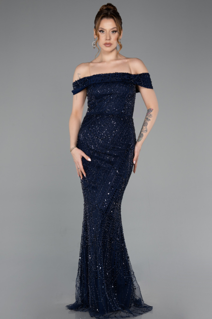Abendkleid Lang Perlenbesetzt Marineblau ABU5915