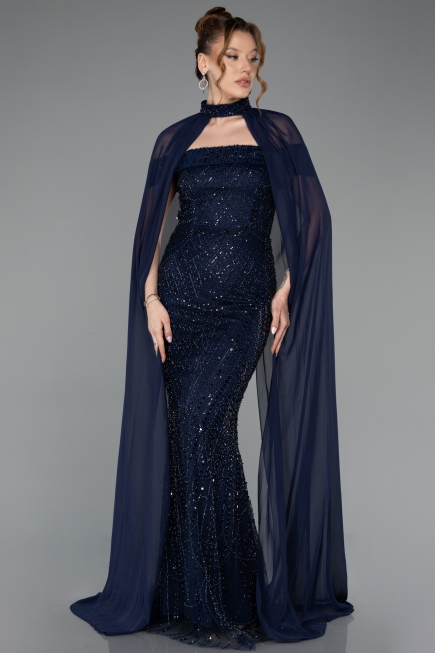 Abendkleid Lang Perlenbesetzt Marineblau ABU5915