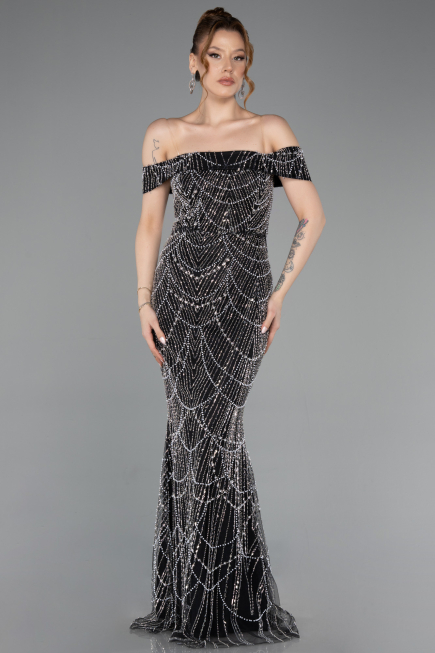 Abendkleid Lang Perlenbesetzt Schwarz ABU5915