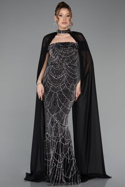 Abendkleid Lang Perlenbesetzt Schwarz ABU5915