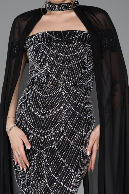 Abendkleid Lang Perlenbesetzt Schwarz ABU5915