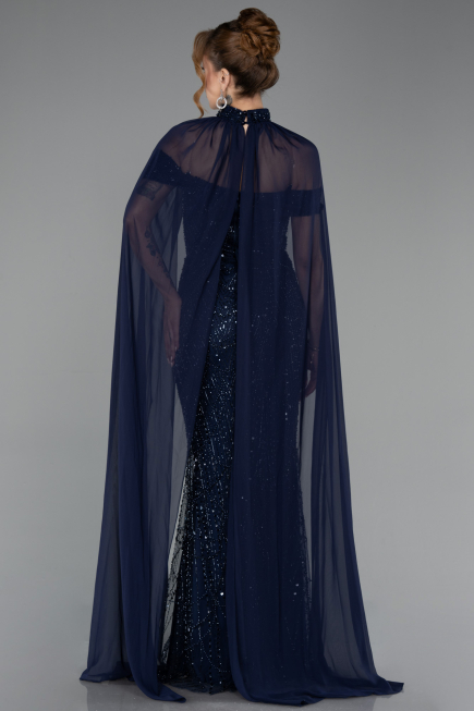 Abendkleid Lang Perlenbesetzt Marineblau ABU5915