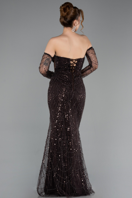 Abendkleid Lang Perlenbesetzt Braun ABU5922