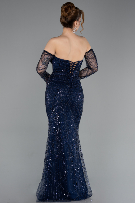 Abendkleid Lang Perlenbesetzt Marineblau ABU5922