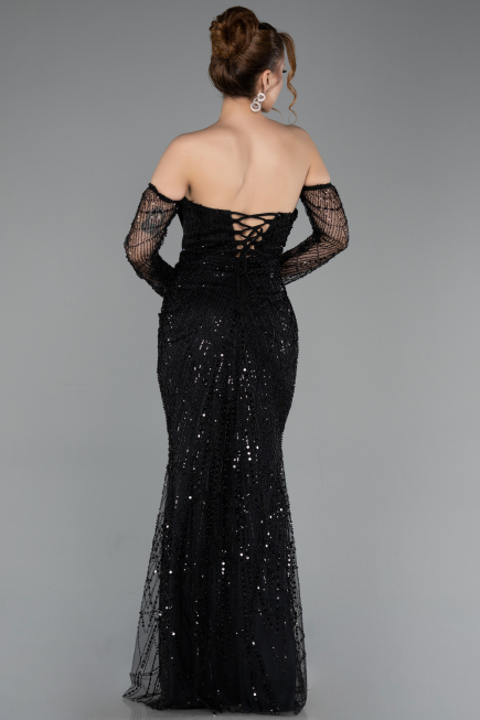 Abendkleid Lang Perlenbesetzt Schwarz ABU5922