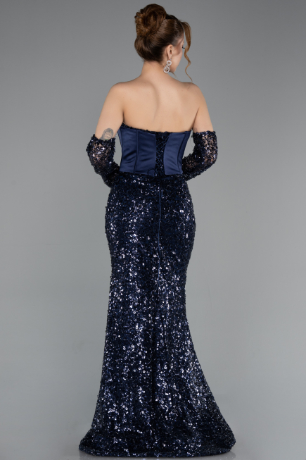 Abendkleid im Meerjungfrau-Stil Lang Schuppig Marineblau ABU5927