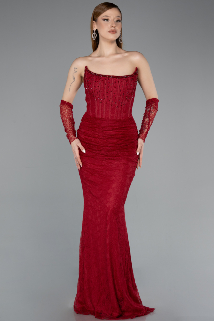 Abendkleid im Meerjungfrau-Stil Lang Spitze Weinrot ABU5933