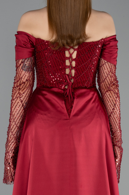 Abendkleid Lang Perlenbesetzt Weinrot ABU5934