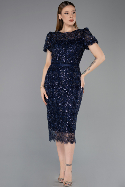 Partykleid Midi Perlenbesetzt Marineblau ABK2412