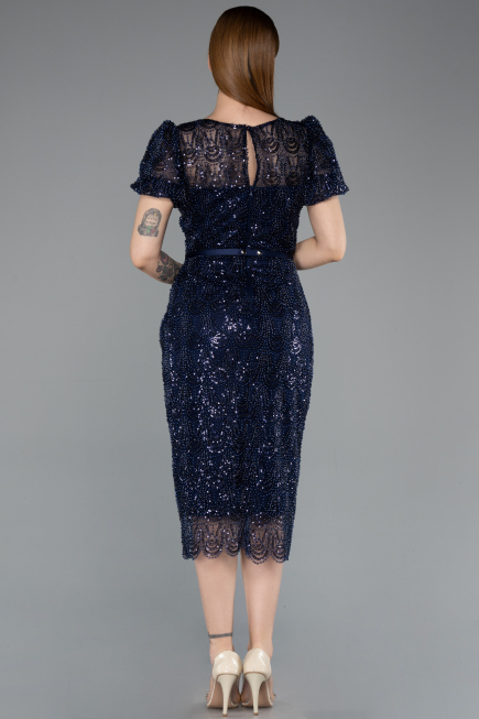 Partykleid Midi Perlenbesetzt Marineblau ABK2412