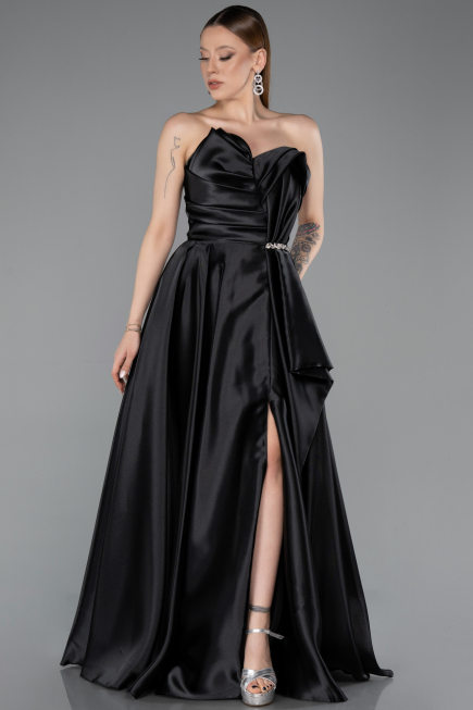 Abendkleid Lang Satin Schwarz ABU4561