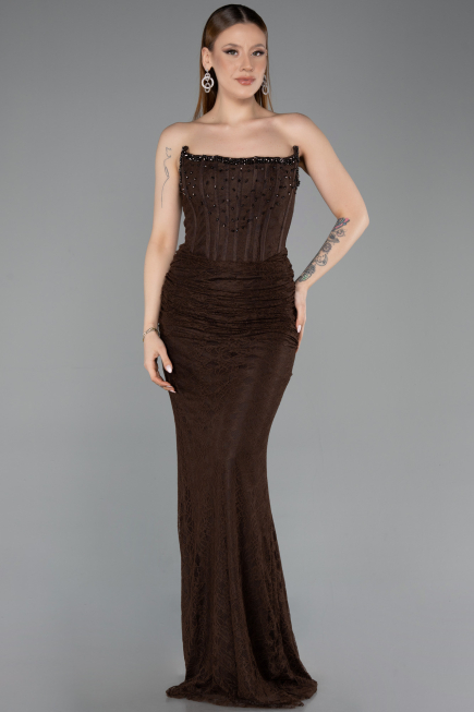 Abendkleid im Meerjungfrau-Stil Lang Spitze Braun ABU5933