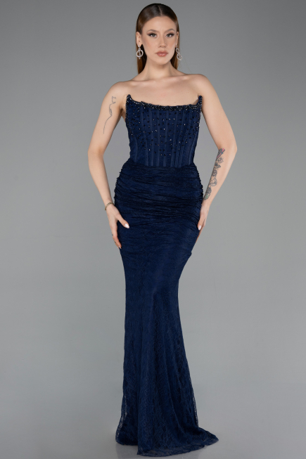 Abendkleid im Meerjungfrau-Stil Lang Spitze Marineblau ABU5933