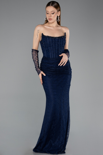 Abendkleid im Meerjungfrau-Stil Lang Spitze Marineblau ABU5933