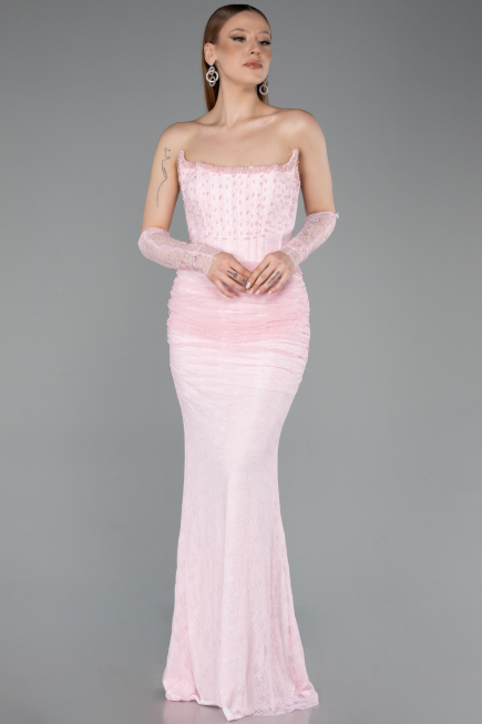 Abendkleid im Meerjungfrau-Stil Lang Spitze Puder ABU5933