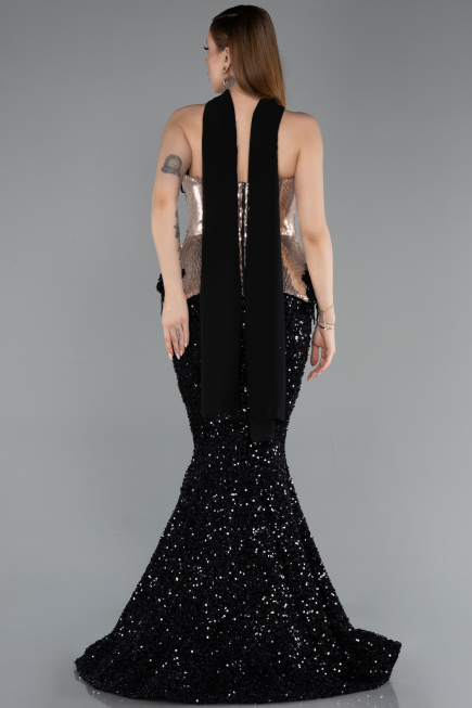 Designer Abendkleid im Meerjungfrau-Stil Lang Schuppig Schwarz ABU5950