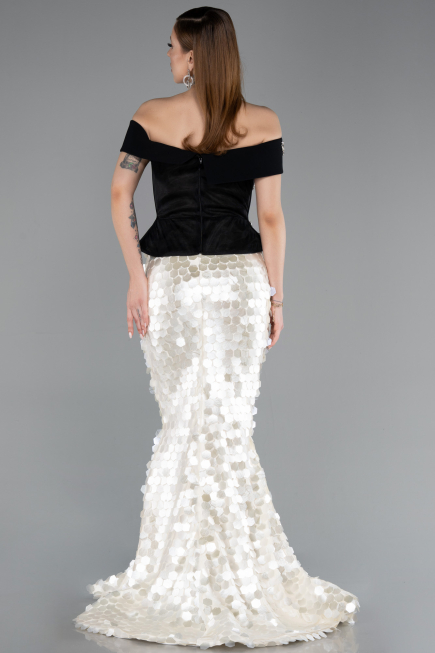 Designer Abendkleid im Meerjungfrau-Stil Lang Schuppig Schwarz-Weiß ABU5952