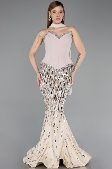 Designer Abendkleid im Meerjungfrau-Stil Lang Schuppig Beige ABU5968