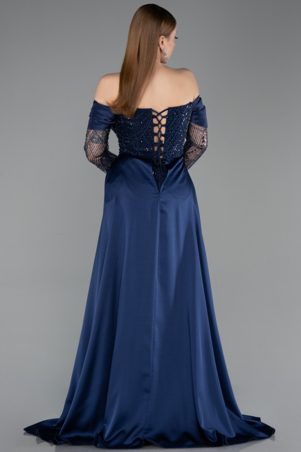 Abendkleid Lang Perlenbesetzt Marineblau ABU5934