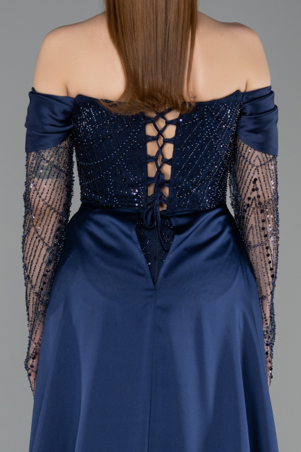 Abendkleid Lang Perlenbesetzt Marineblau ABU5934