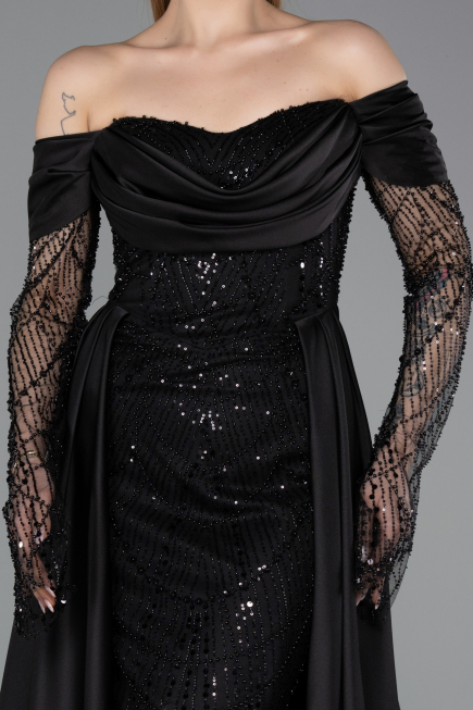 Abendkleid Lang Perlenbesetzt Schwarz ABU5934