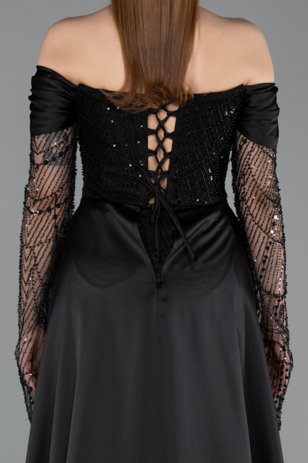 Abendkleid Lang Perlenbesetzt Schwarz ABU5934