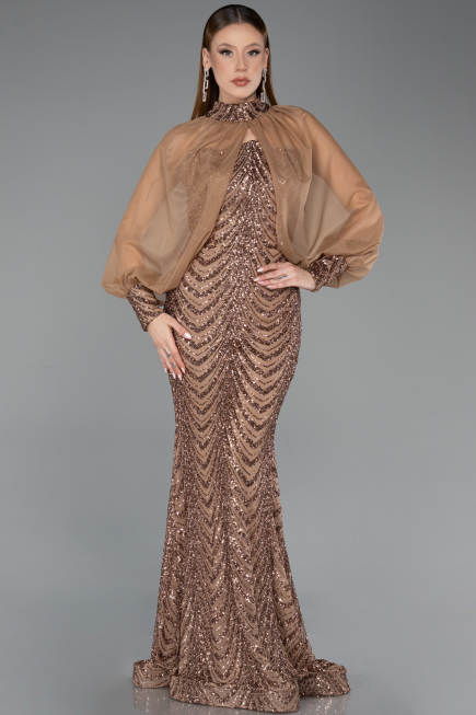 Abendkleid im Meerjungfrau-Stil Lang Schuppig Kupfer ABU5947