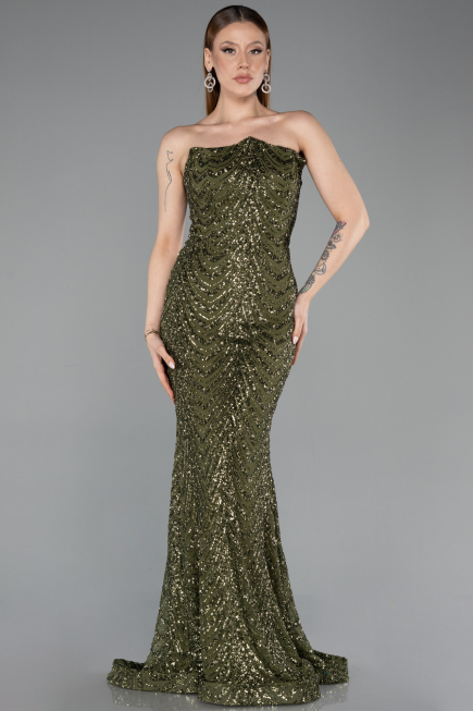 Abendkleid im Meerjungfrau-Stil Lang Schuppig Khaki ABU5947