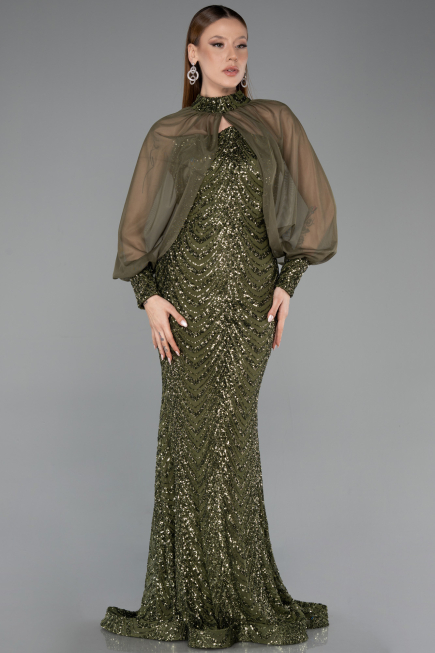 Abendkleid im Meerjungfrau-Stil Lang Schuppig Khaki ABU5947