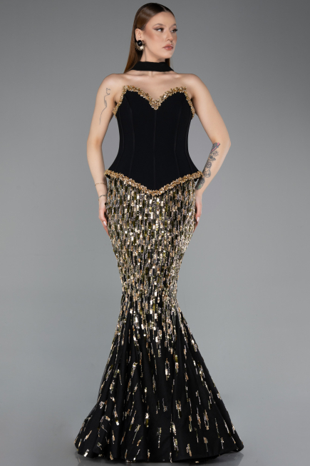 Designer Abendkleid im Meerjungfrau-Stil Lang Schuppig Schwarz ABU5968