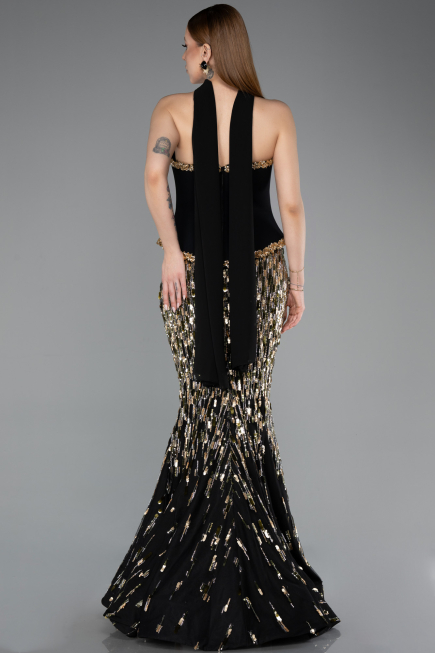 Designer Abendkleid im Meerjungfrau-Stil Lang Schuppig Schwarz ABU5968