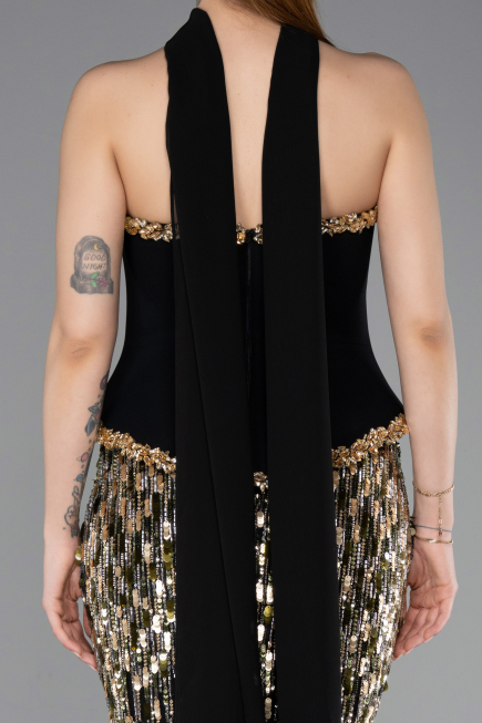 Designer Abendkleid im Meerjungfrau-Stil Lang Schuppig Schwarz ABU5968