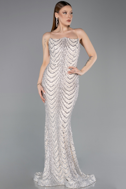 Abendkleid im Meerjungfrau-Stil Lang Schuppig Beige ABU5947