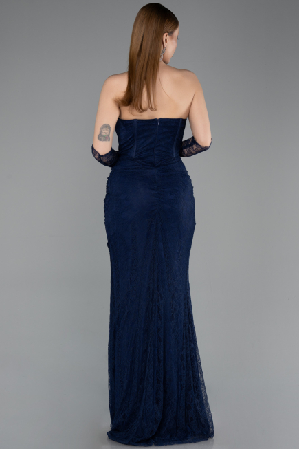 Abendkleid im Meerjungfrau-Stil Lang Spitze Marineblau ABU5933
