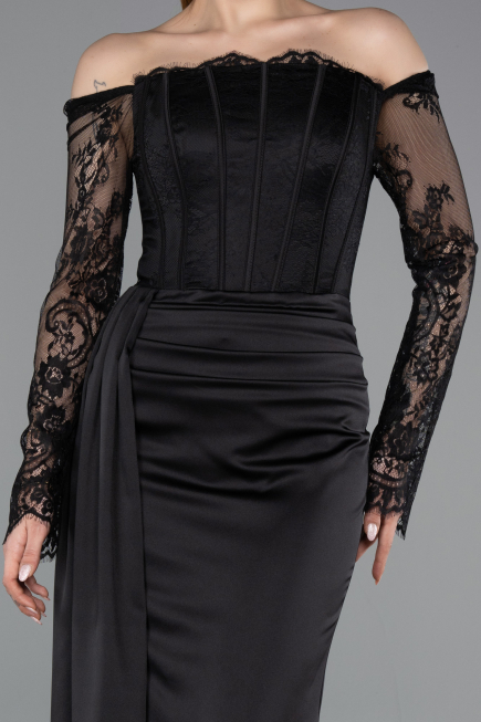 Abendkleid im Meerjungfrau-Stil Lang Satin Schwarz ABU5949
