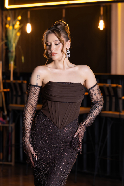 Abendkleid Lang Perlenbesetzt Braun ABU5922