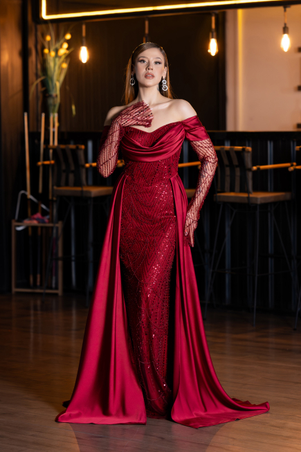 Abendkleid Lang Perlenbesetzt Weinrot ABU5934