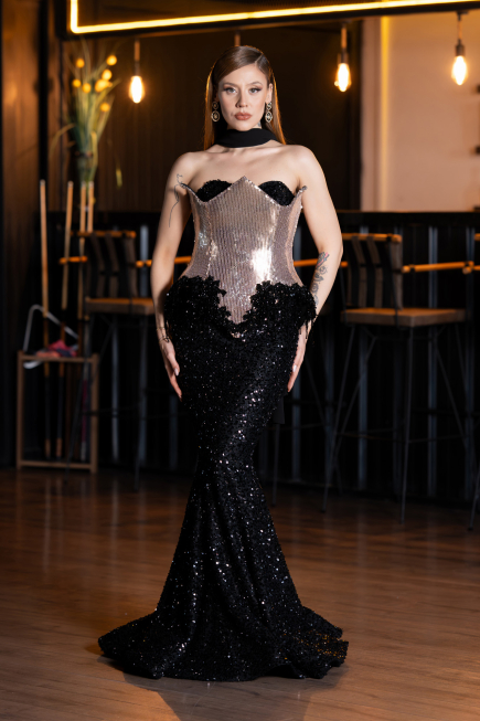 Designer Abendkleid im Meerjungfrau-Stil Lang Schuppig Schwarz ABU5950