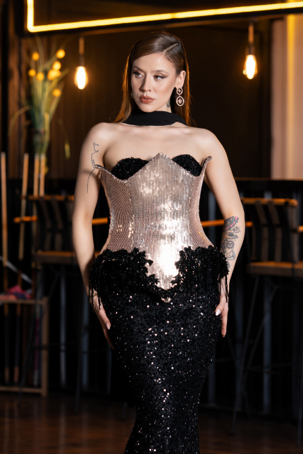 Designer Abendkleid im Meerjungfrau-Stil Lang Schuppig Schwarz ABU5950