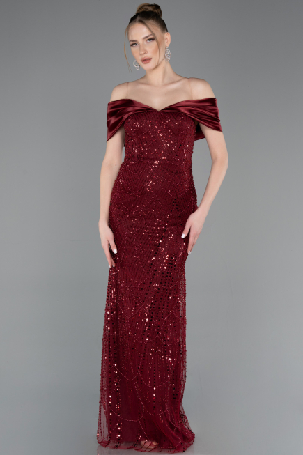 Abendkleid Lang Perlenbesetzt Weinrot ABU5400