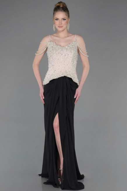 Abendkleid Lang Chiffon Schwarz-Beige ABU5753