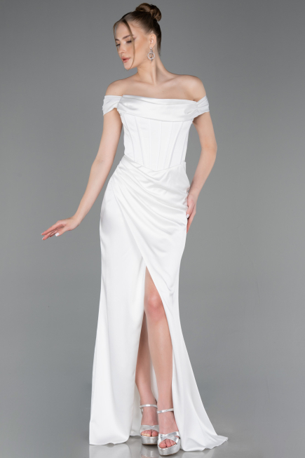 Abendkleid Lang Satin Weiß ABU5976