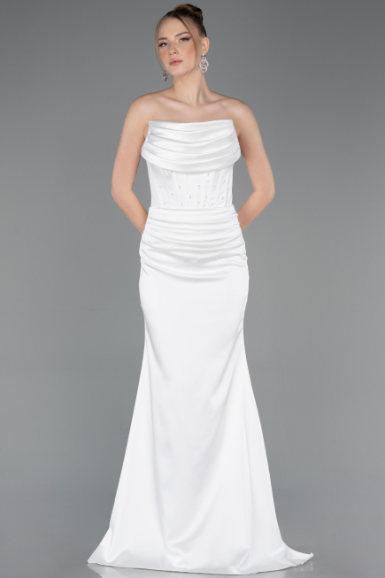 Abendkleid Lang Satin Weiß ABU5944